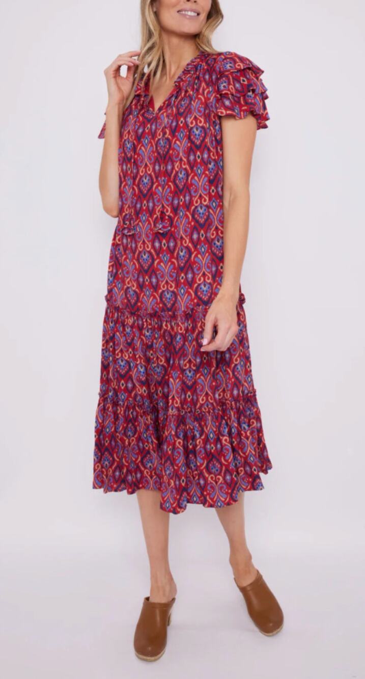 Sail to Sable Tuckernuck Ruffle Neck Tassels Midi Tiered Dress Red Blue Ikat XL